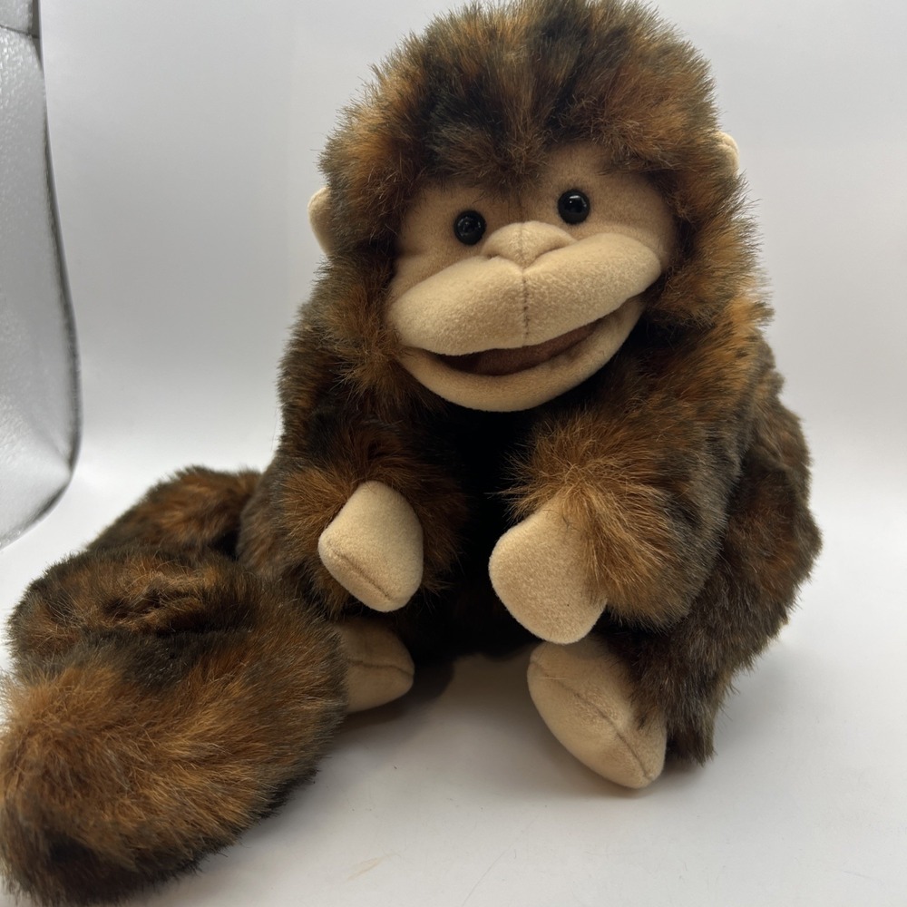 Folkmanis Monkey Puppet Plush Stuffed Animal Brown Chimp Long Curly Tail